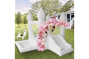 AKSPORT White Bounce House Castle Inflatable Jumping Castle with Slide & Air Blower for Kid, Wedding, Birthday Party Castle, 9 * 9 * 7FT