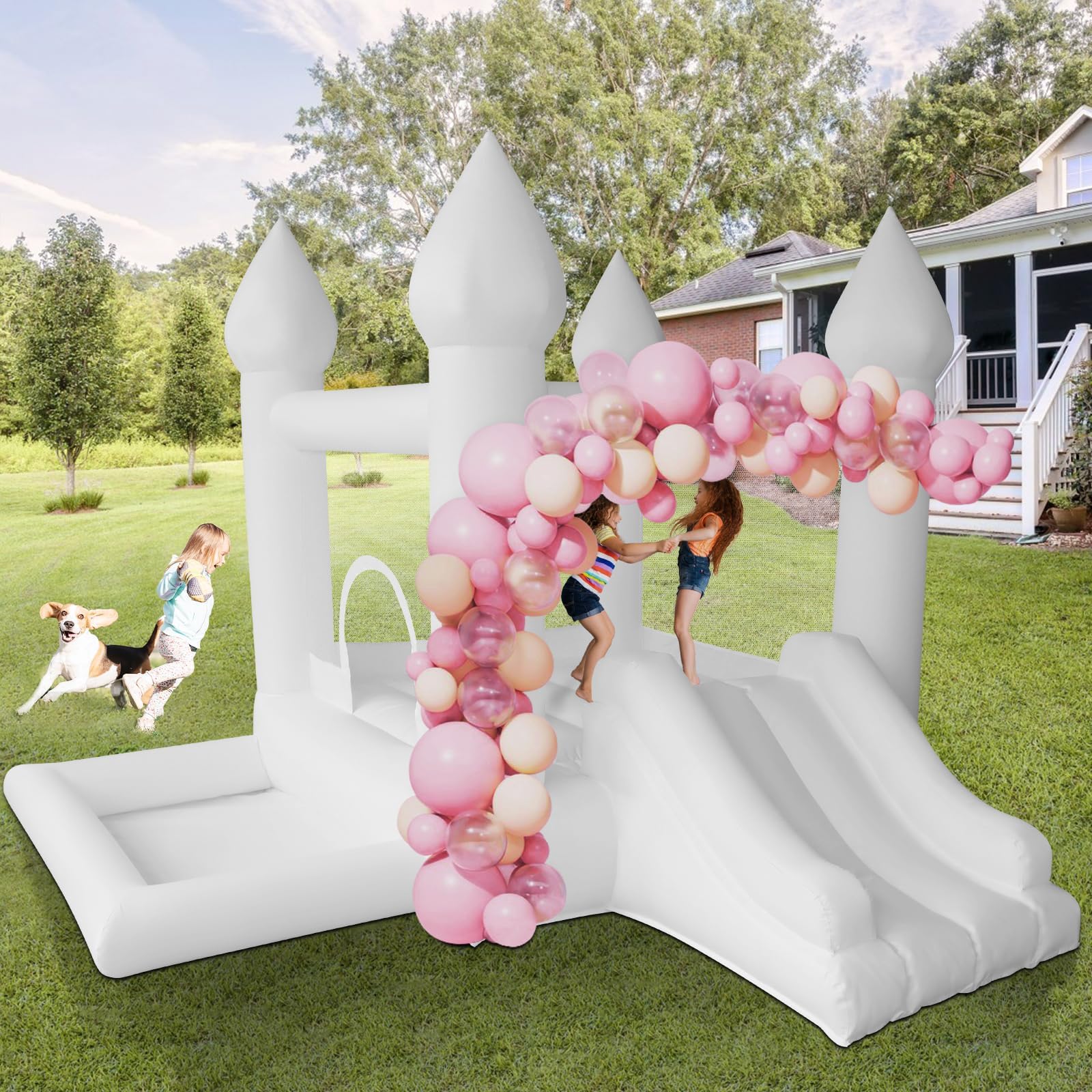 Photo 1 of **SIMILAR NOT EXACT**
AKSPORT White Bounce House Castle Inflatable Jumping Castle with Slide & Air Blower for Kid, Wedding, Birthday Party Castle, 9 * 9 * 7FT