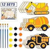Minimalistx Construction Birthday Decorations. 12 Sets of Pre-Packaged Wooden Truck Painting kit-Includes Paints, Brush, Wood