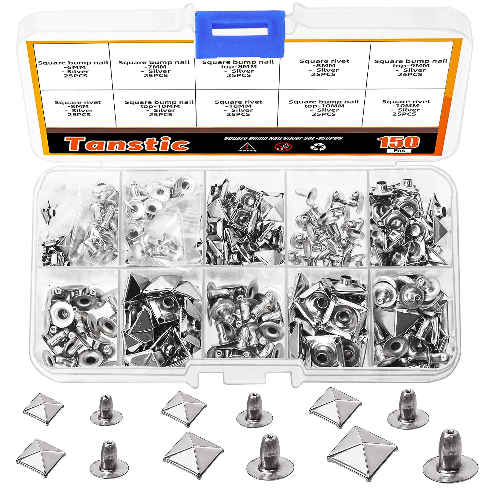 Tanstic 150Pcs Spike Rivet Pyramid Rapid Rivet Studs, 6mm, 7mm, 8mm, 9mm, 10mm, 12mm Spike Rivet Square Punk Spikes for Clothing Shoes Belts Bags (Silver)