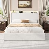 Boucle Queen Size Bed Frame with 4 Storage Drawers, LED Lights, White | Upholstered Platform Bed with Charging Station, Storage Headboard, No Box Spring Needed, Noise Free