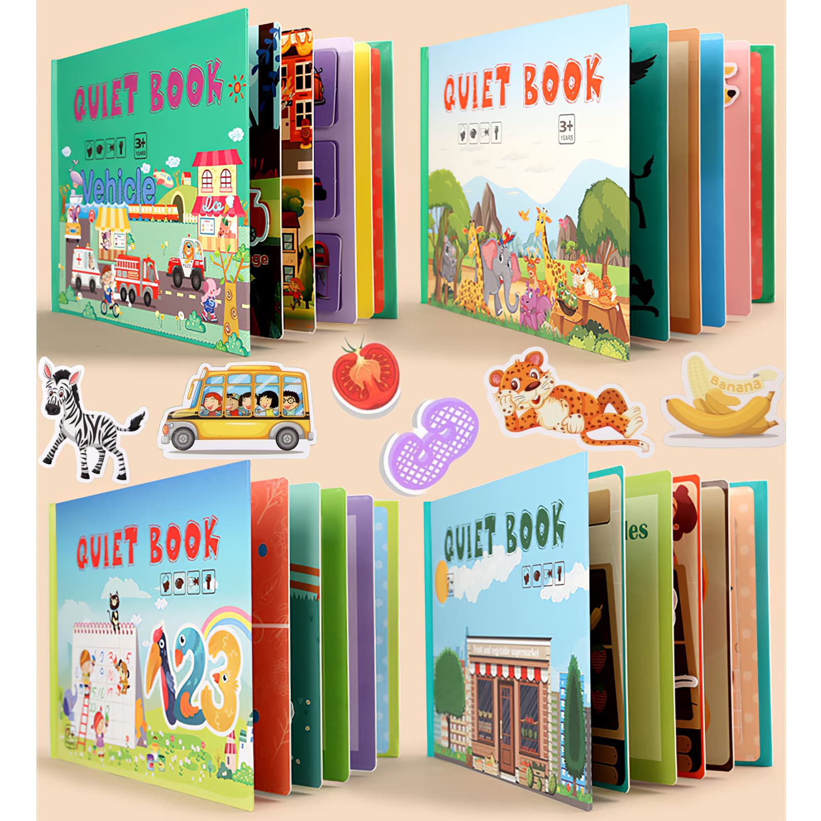 4 Pack DIY Busy Book for Toddlers, Montessori Busy Book for Kids to Develop Learning Skills, Quiet Book, Animal Vehicle Number Fruit Preschool Learning Activities Learning & Education Toys