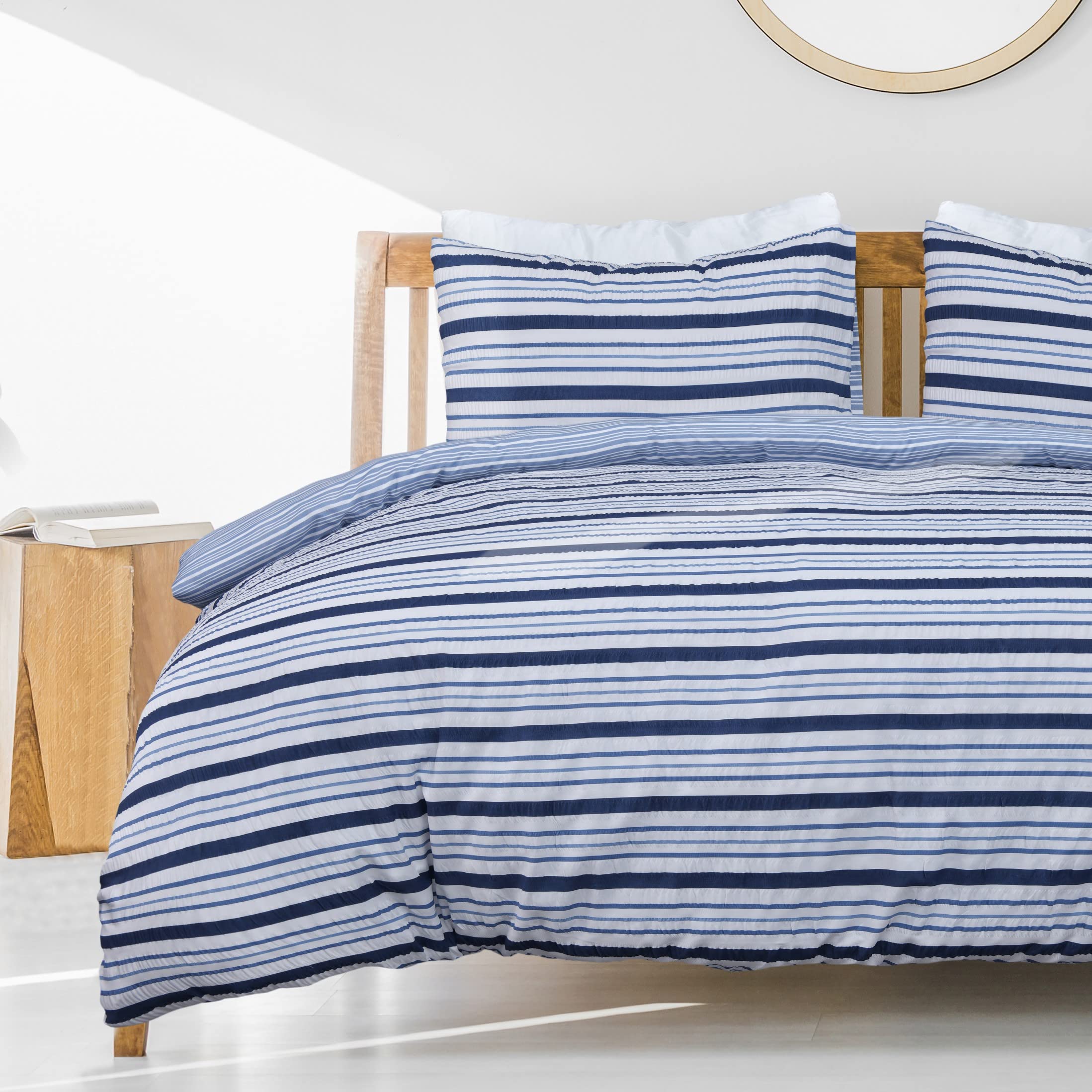 Sleepdown Stripe Seersucker Navy White Reversible Duvet Cover Quilt Pillow Case Bedding Set Soft Easy Care - Single (135cm x 200cm)