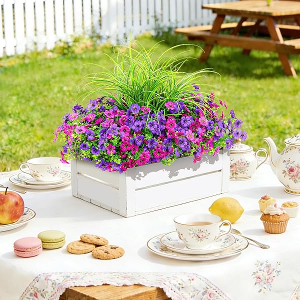 ARTIFICIAL FLOWERS FOR OUTDOORS UV RESISTANT, 14 BUNDLES FAKE PLANTS REALISTIC SILK FLOWERS WITH FAUX FERNS FOR OUTSIDE PLANTERS HOME PORCH PATIO GARDEN BACK YARD SPRING SUMMER DECORATION