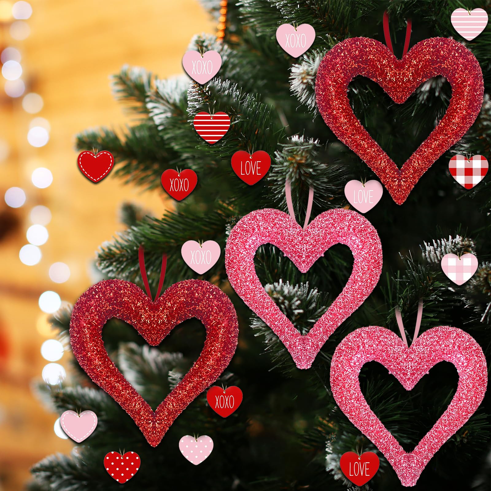 Photo 1 of 16 Pcs Valentine Day Tree Decorations Heart Tree Ornaments Large Glitter Heart Hanging Ornament Hearts Wood Board Ornaments Foam Hanging for Valentine Wedding Anniversary Wall Door Décor