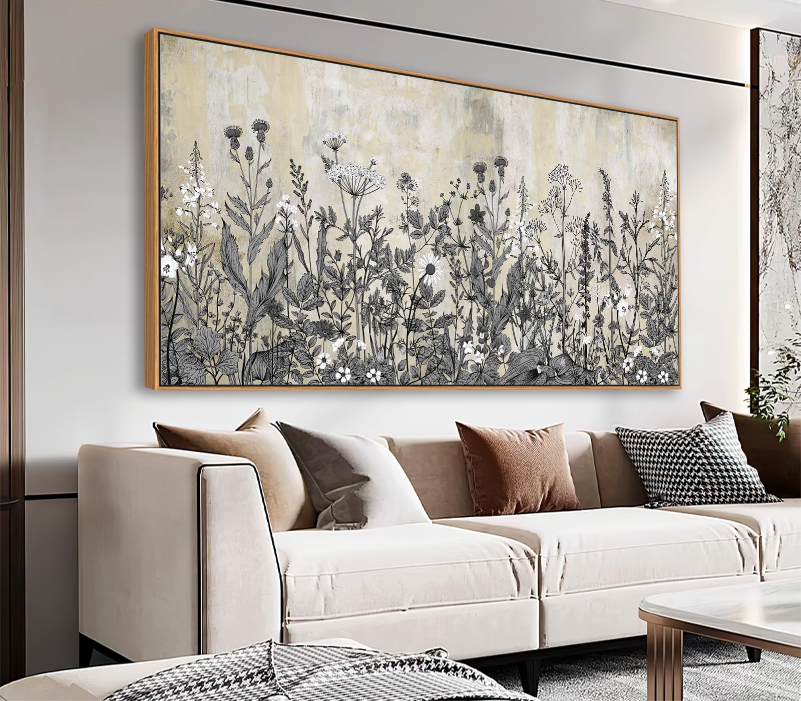 Photo 1 of NINEASO Botanical Framed Wall Art Canvas - Wildflower Pictures Vintage Grey Brown Floral Wall Decor Rustic Beige Print Flowers Nature Plants Painting Artwork for Home Decor 24" x 48" Natural, Framed