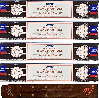 M & J Satya Nag Champa Black Opium Incense Sticks 4 Pack with Holder