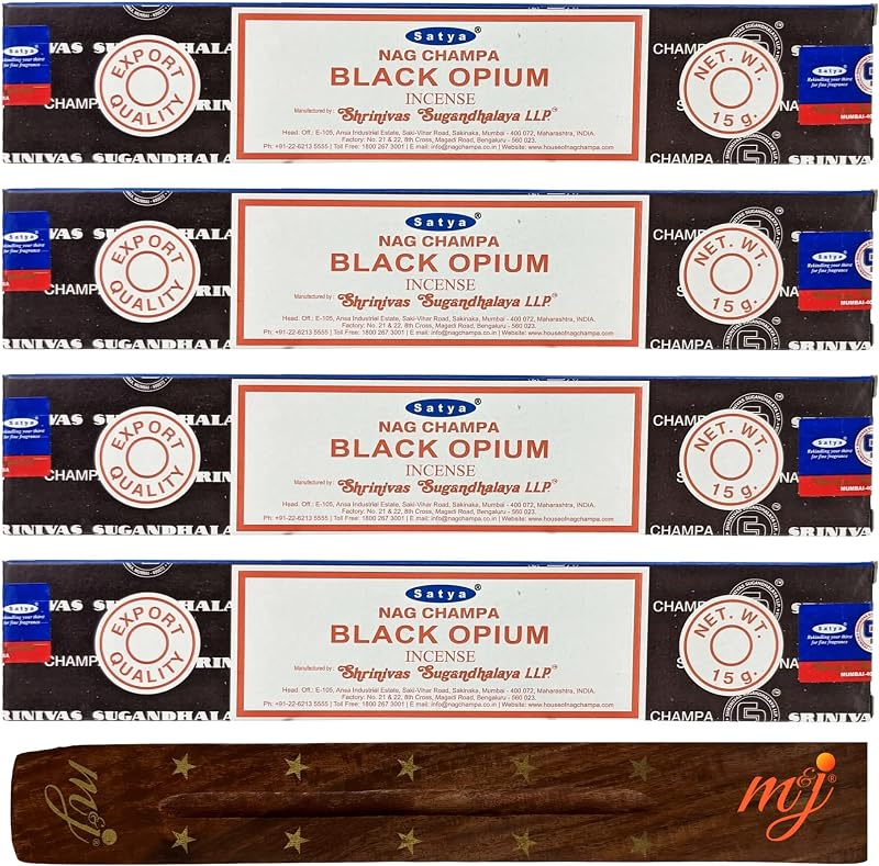 M & J Satya Nag Champa Black Opium Incense Sticks 4 Pack with Holder