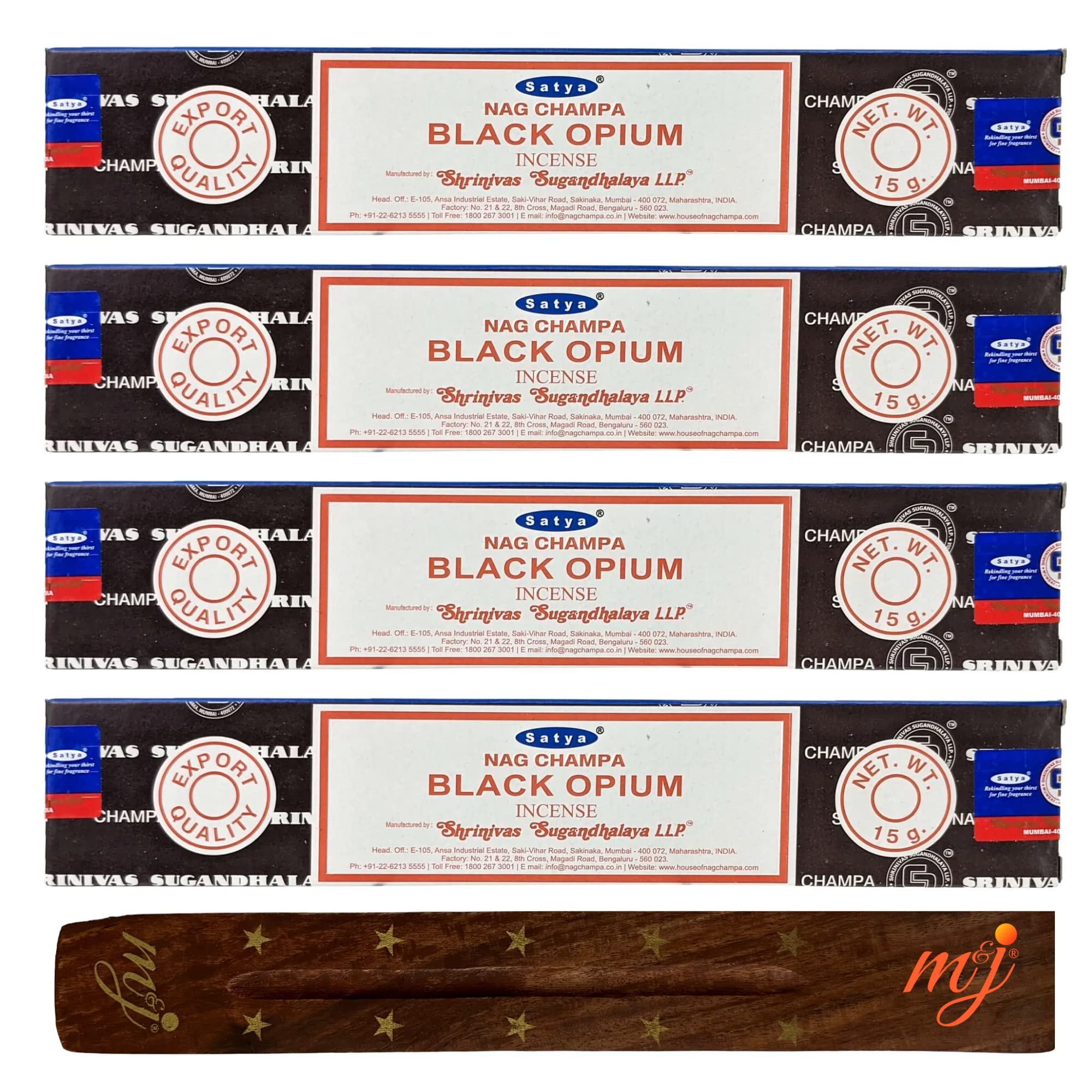 Original Satya Nag Champa Black Opium Incense Sticks | with M&J incense sticks holder | x4 pack | for Aromatherapy, Spa, Yoga, Weddings, Meditation, Healing, Positivity and Relaxation — image 1