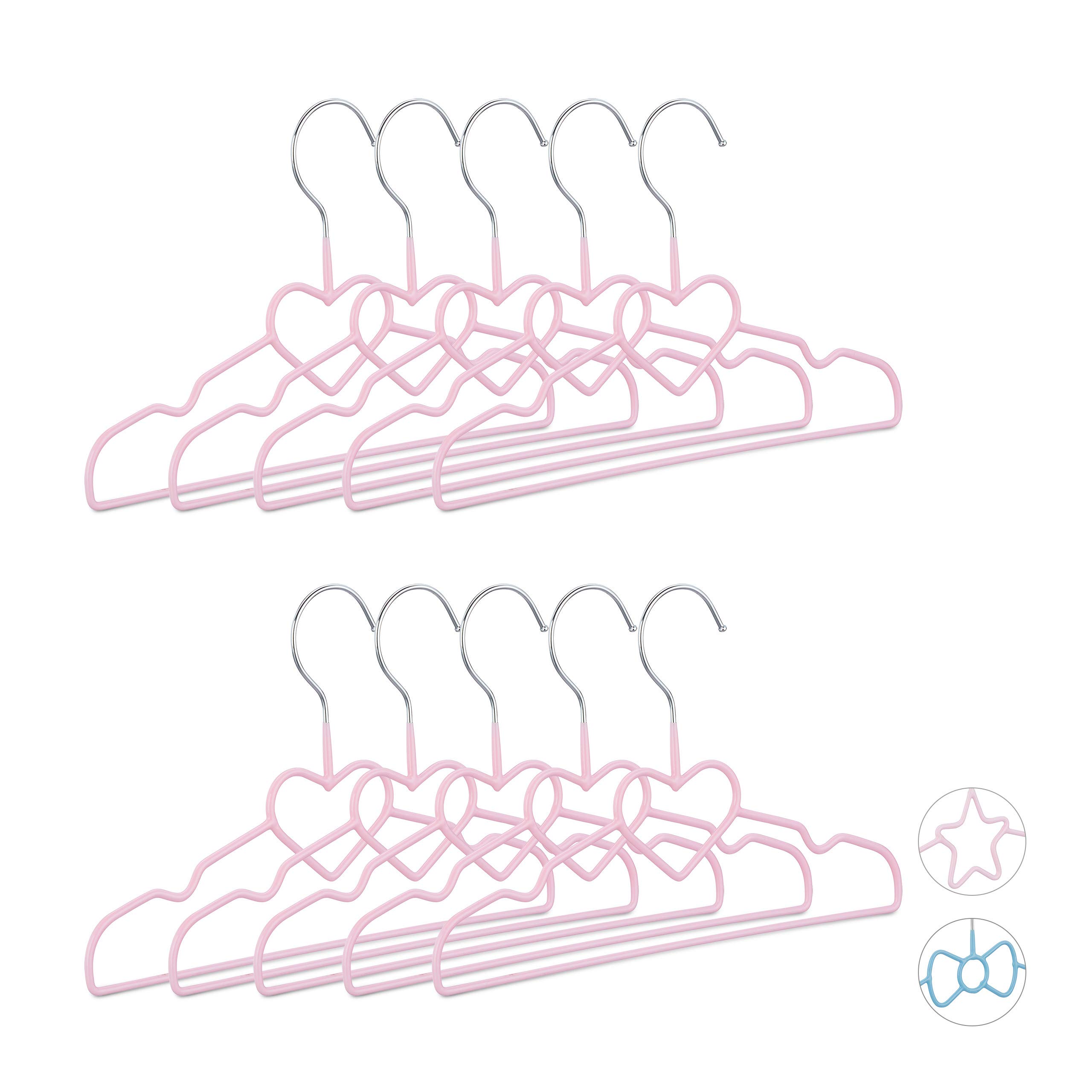 Relaxdays Children’s Bow Heart Hangers Set of 10, Compart Wire Holders, PVC-Coating, 30 cm, Pink