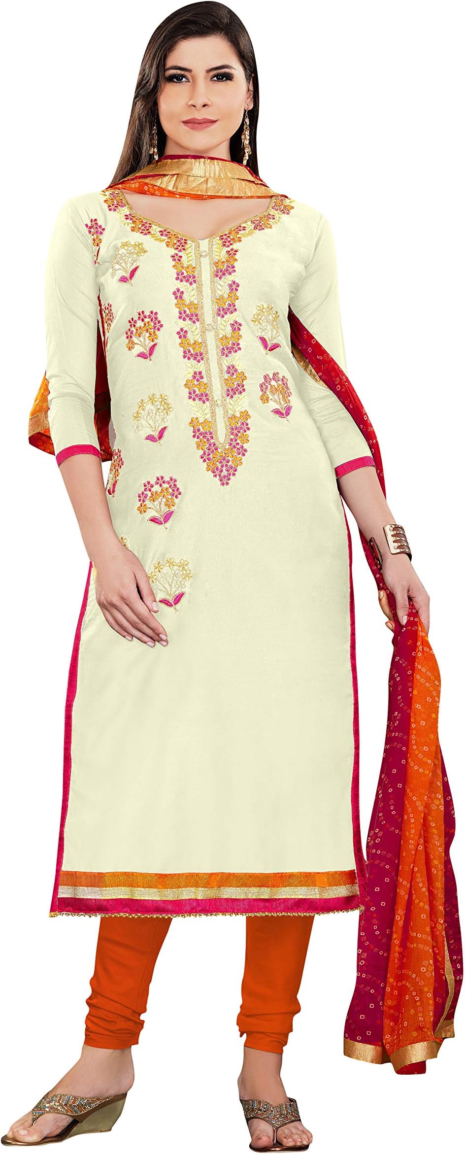 Rajnandini Women's Off White Pure Heavy Modal Chanderi Embroidered Unstitched Salwar Suit Material (Free Size)