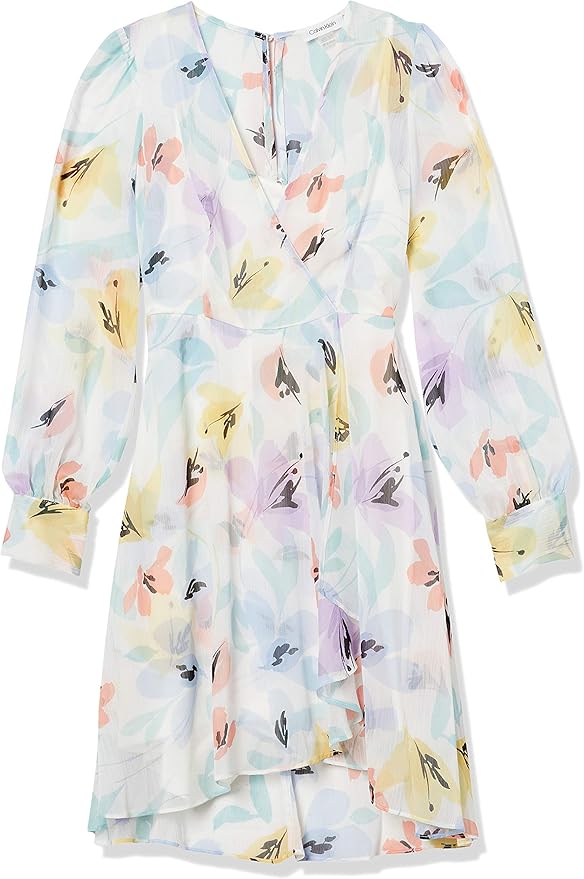 floral ruched chiffon faux wrap dress