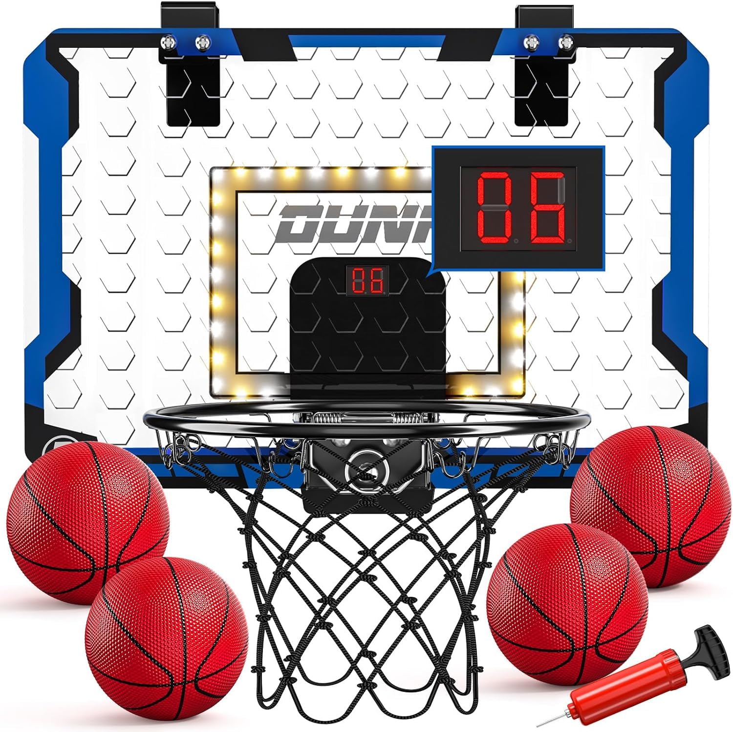 TEMI Indoor Basketball Hoop for Kids, LED Light Door Basketball Hoop, Mini Backboard with Electronic Scoreboard & 4 Balls, Basketball Kids Gift 5 6 7 8 9 10 11 12 Year Old Boys Girls Teen