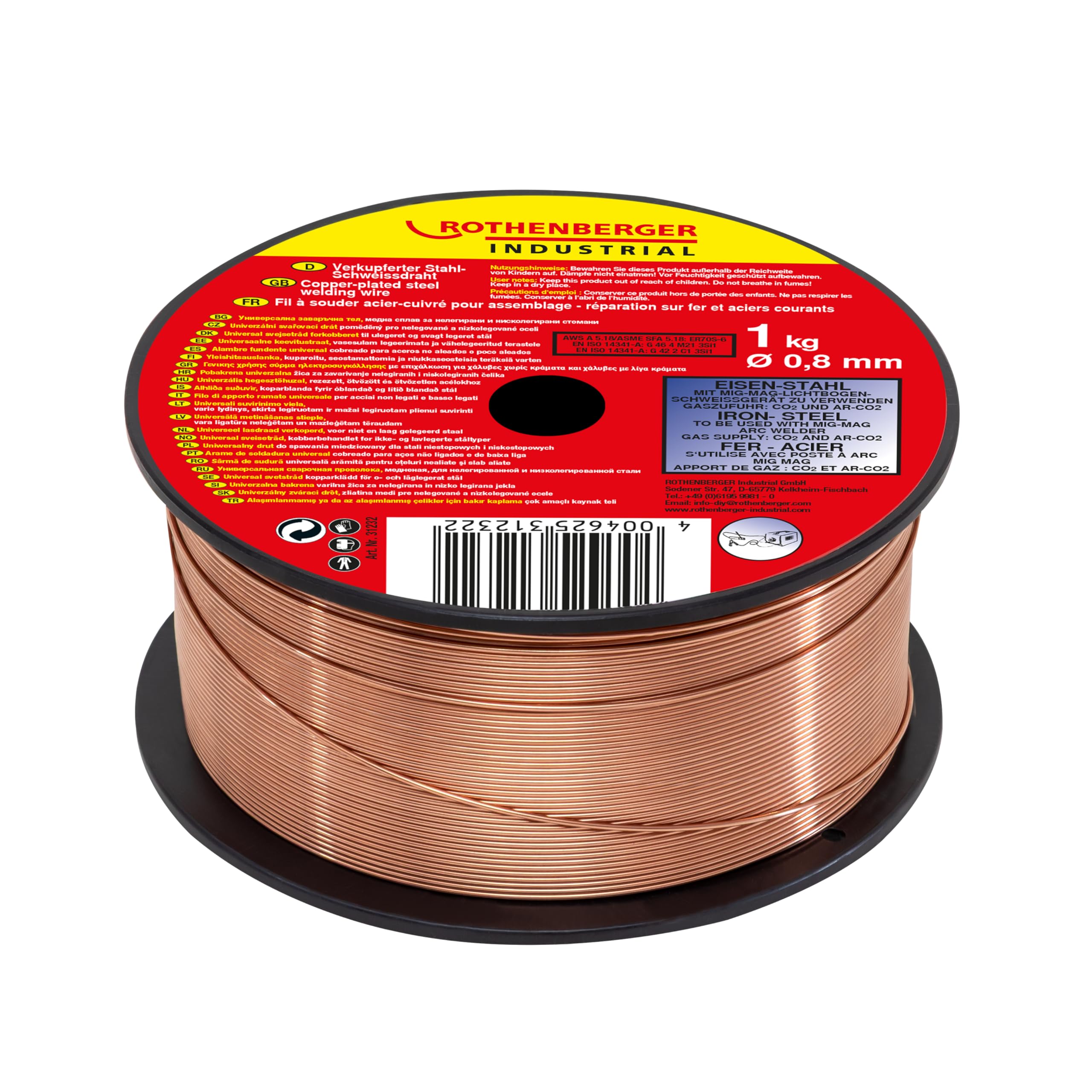 Rothenberger Industrial Copper-Plated Steel Welding Wire, Diameter 0.8 mm, 1 kg Spool, 31232