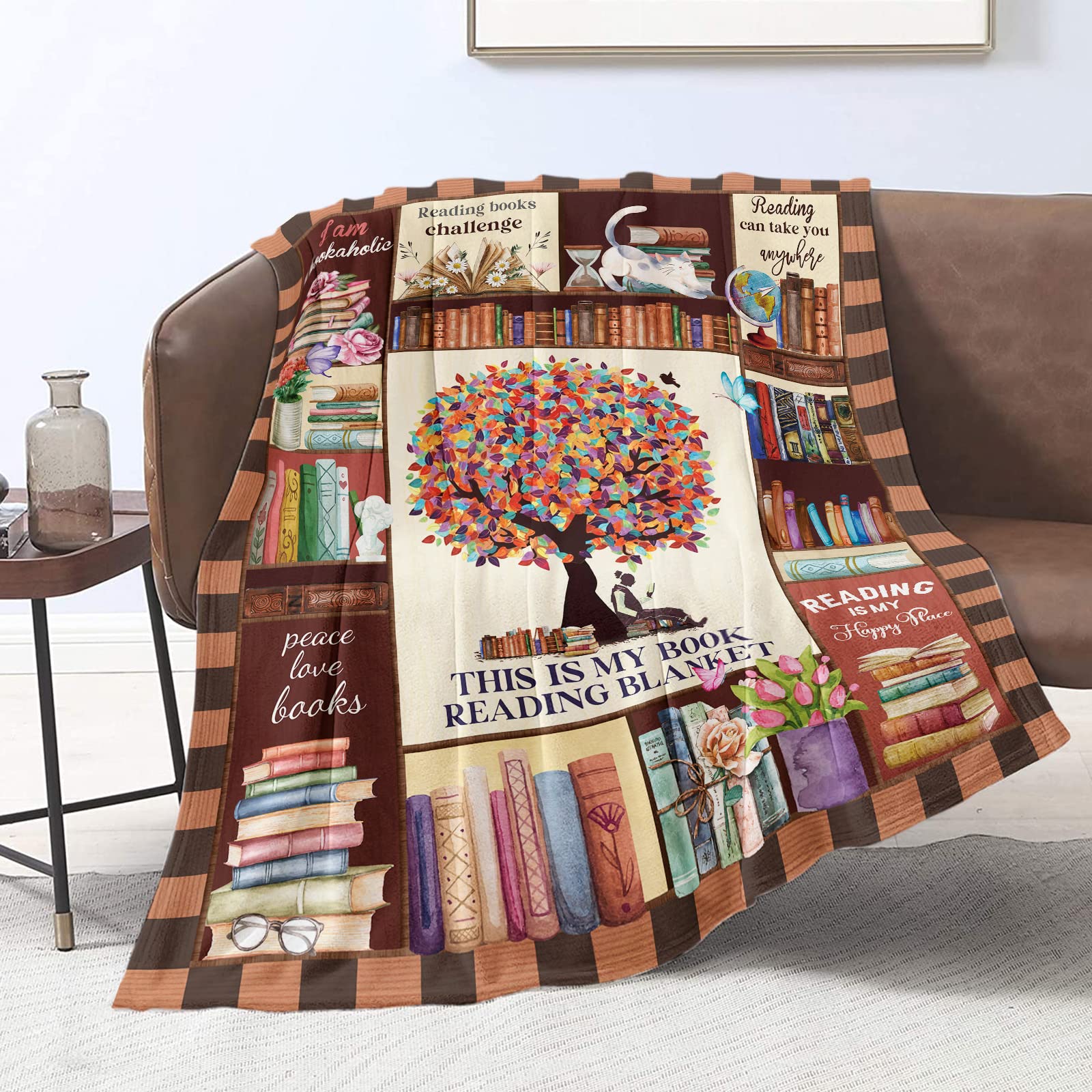 Domgoge Reading Blanket for Book Lovers Gifts Blankets Kids Librarian Throw Club Bookworm Gift Soft Plush Lightweight Flannel Fleece All Season Couch Sofa, 101cm x 127cm, Brown