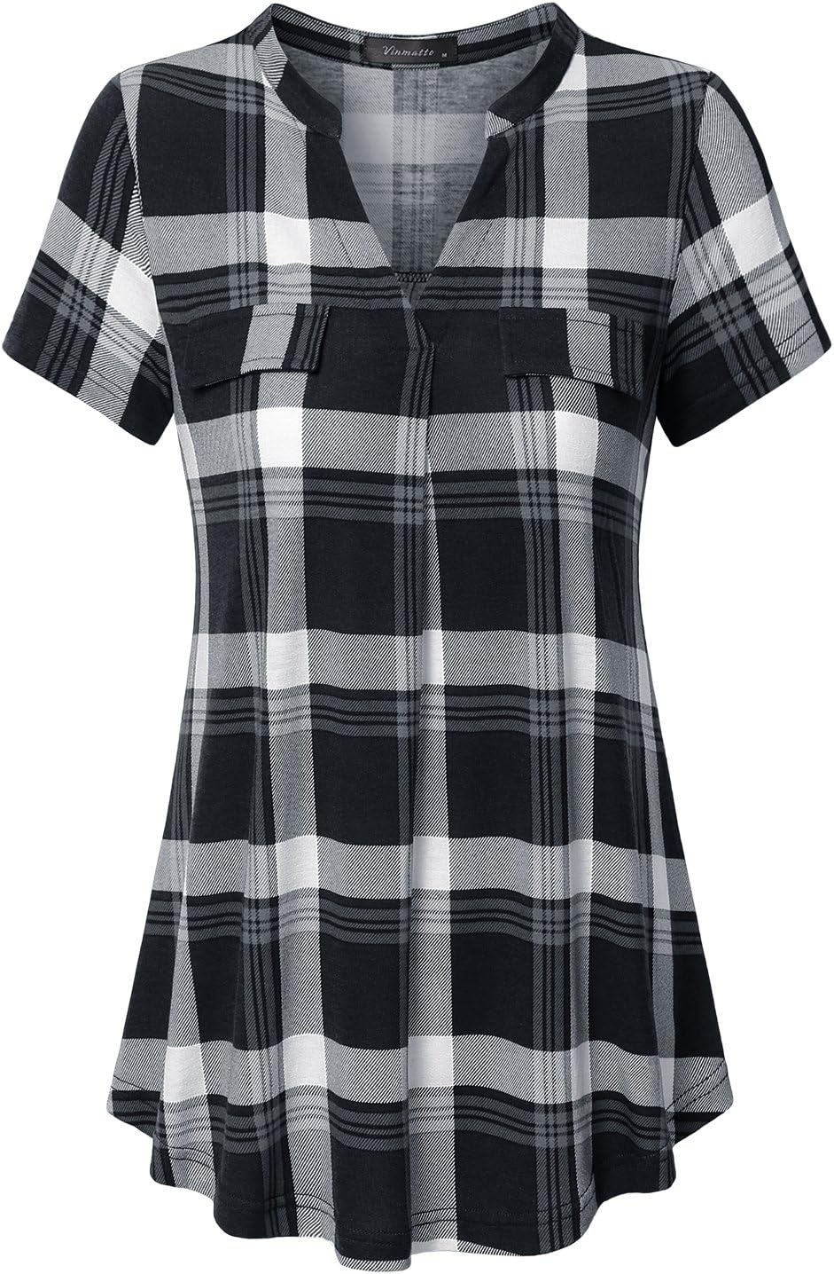 Women's Henley V Neck Short Sleeve Casual Plaid Tunic Shirt