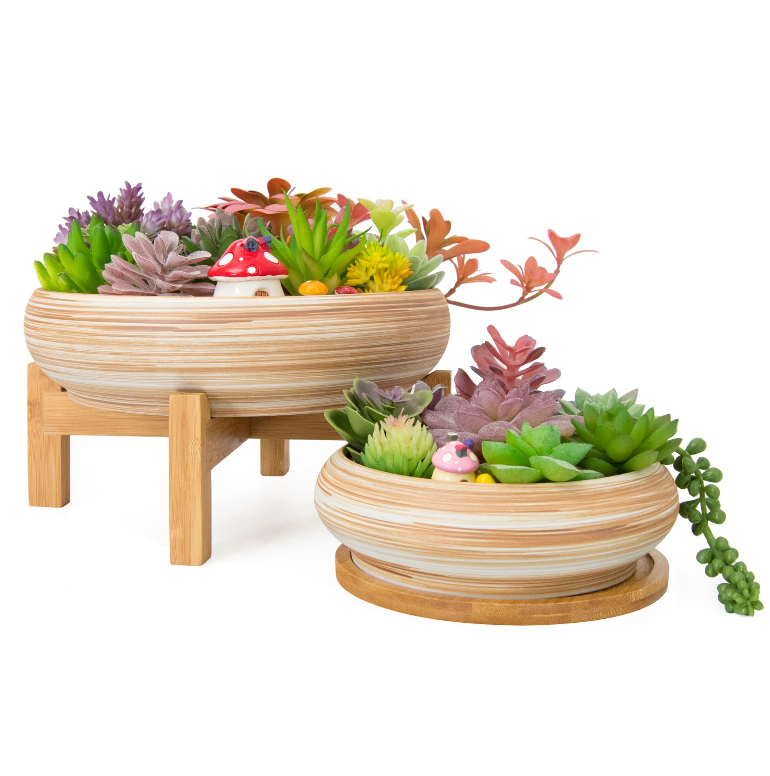 Photo 1 of ARTKETTY Succulent Pots - 7.3/10 Inch Large Plant Pot Ceramic Bonsai Planter with Drainage Tray, Shallow Planters for Succulents Cactus Flower Small Plants Birthday Gifts for Women