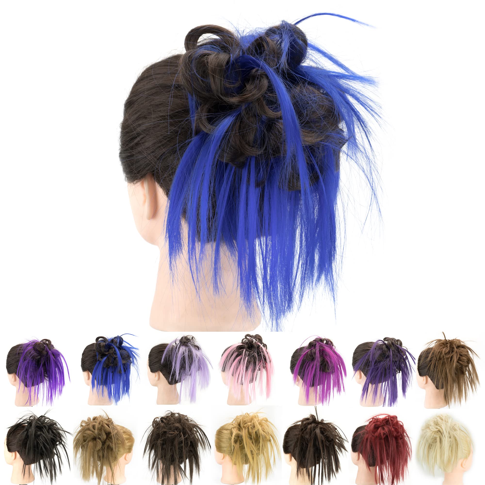 IMISSU 2PCS Messy Hair Bun Piece Updo Fake Scrunchies Extension Wavy Curly Hairpieces Ponytail Chignon Headband for Women Girls (2PCS Brown Blue)