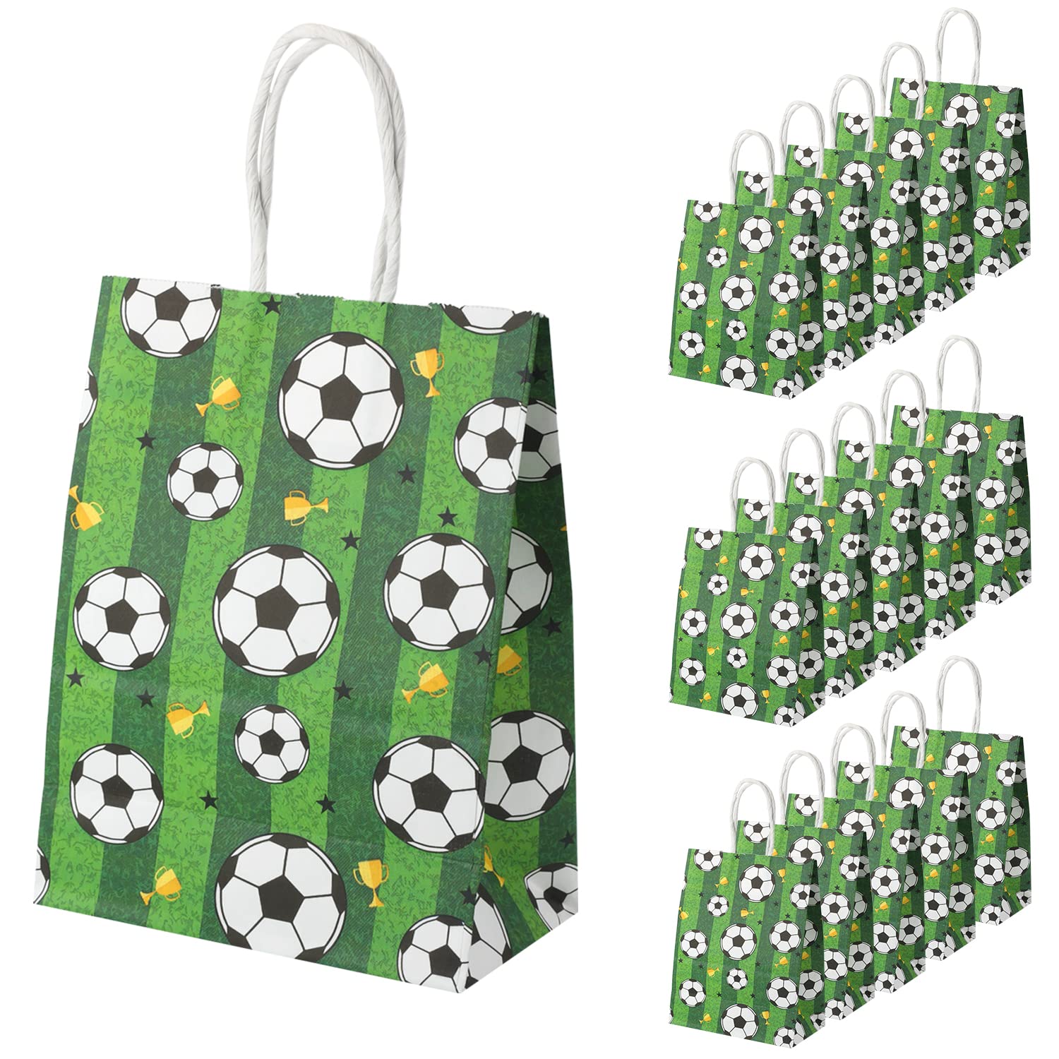 Photo 1 of Soccer Party Favor Paper Bags - Green Football Gift Bags with Handles for Kids & Adults Soccer Party Supplies