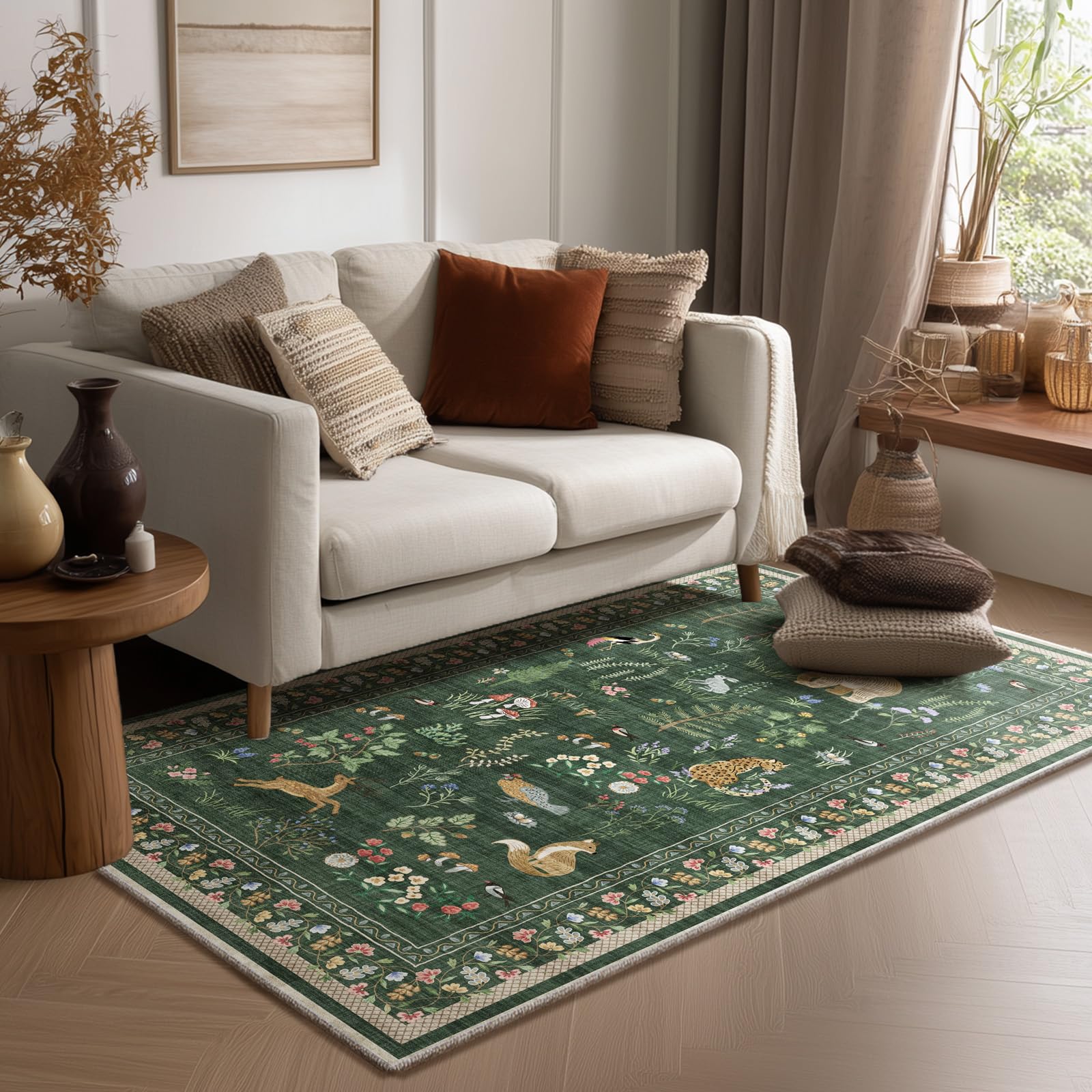 3x5 washable area rugs for entryway: small throw rugs stain resistant non slip low pile soft faux wool lightweight entry rug for bedroom living room kitchen bathroom laundry room home office indoor 3' x 5' (rectangular) animal-dark green