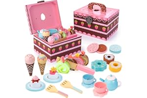 WOODMAM Wooden Tea Party Set for Little Girls, 30pcs Princess Tea Time Toys Including Dessert, Cakes, Tea Party Accessories Pretend Play Toys for Girls Boys Age 3+