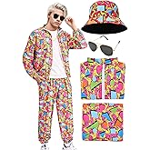 Forfamy 80s Outfit for Men, Retro 90s Tracksuit Casual Side Taping Costume, 4Pcs Long-Sleeve Urbanwear Sportswear Bucket Hat