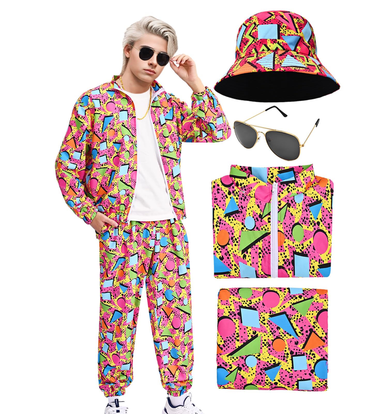 HarnyLoom 80s 90s Fancy Dress Costume Men Women Adults, Shell Suit Rave Tracksuit Retro Outfit Jacket Hip Hop Rapper Disco Accessories Carnival Halloween Party (Rose, M) — image 1