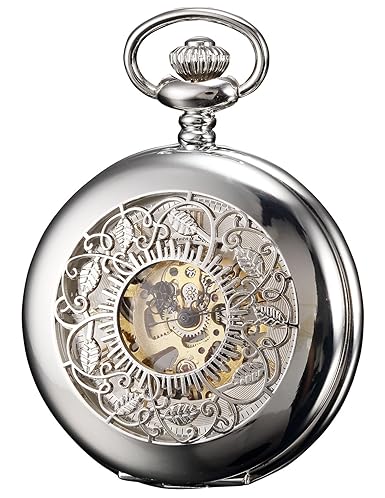 KS Taschenuhr Silber mit Kette Herren Mechanisch Skelett Analog Vintage Geschenkbox KSP048