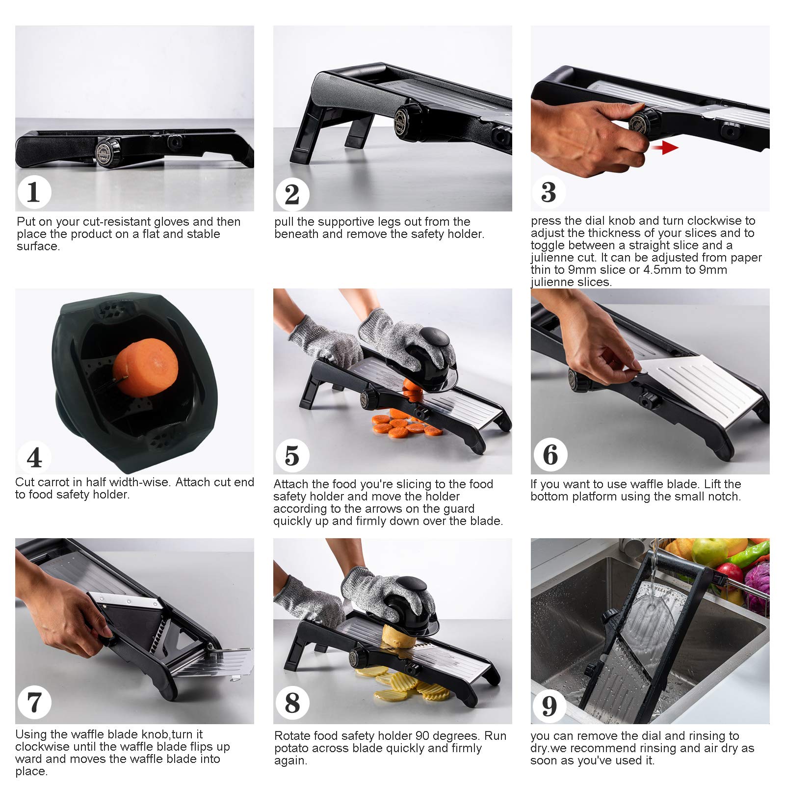 VEKAYA Mandoline Slicer for Kitchen, Stainless Steel Professional Vegetable Slicer with Adjustable Thickness, Ultra Sharp Blades, Safety Gloves & Food Holder, Ideal for Potatoes, Onions, Cucumbers