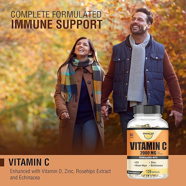 HAPPI MI NUTRITION VITAMIN C 2000MG, ZINC 40 MG, VITAMIN D3 5000 IU, ECHINACEA EXTRACT, ROSE HIP, IMMUNE SUPPORT FOR ADULTS & KIDS, IMMUNE BOOSTER,120 VEGAN CAPS, 60 DAY SUPPLY, NON GMO, NO FILLER