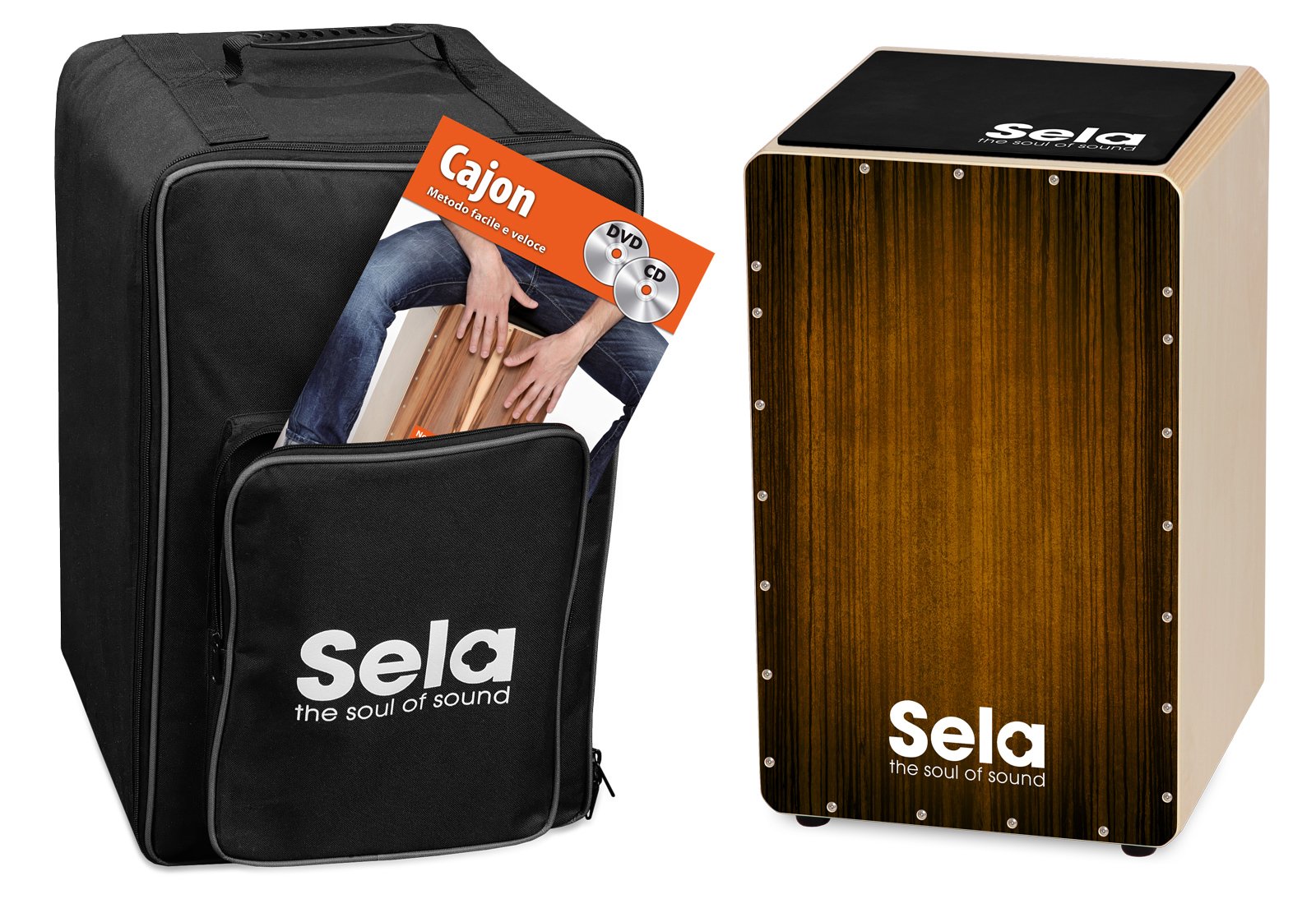 Sela SE 141 IT Varios Brown Cajon Set with backpack, cajon pad, Italian cajon method, CD and DVD
