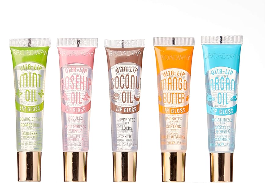 Ruby Kisses Broadway Vita-Lip Clear Lip Gloss (5 Pack Mint, Rosehip, Coconut, Argan Oil, Mango Butter), Ultra-Hydrating & Soothing Formula with Vitamin Oils, High-Shine Non-Sticky Finish Lip Balm