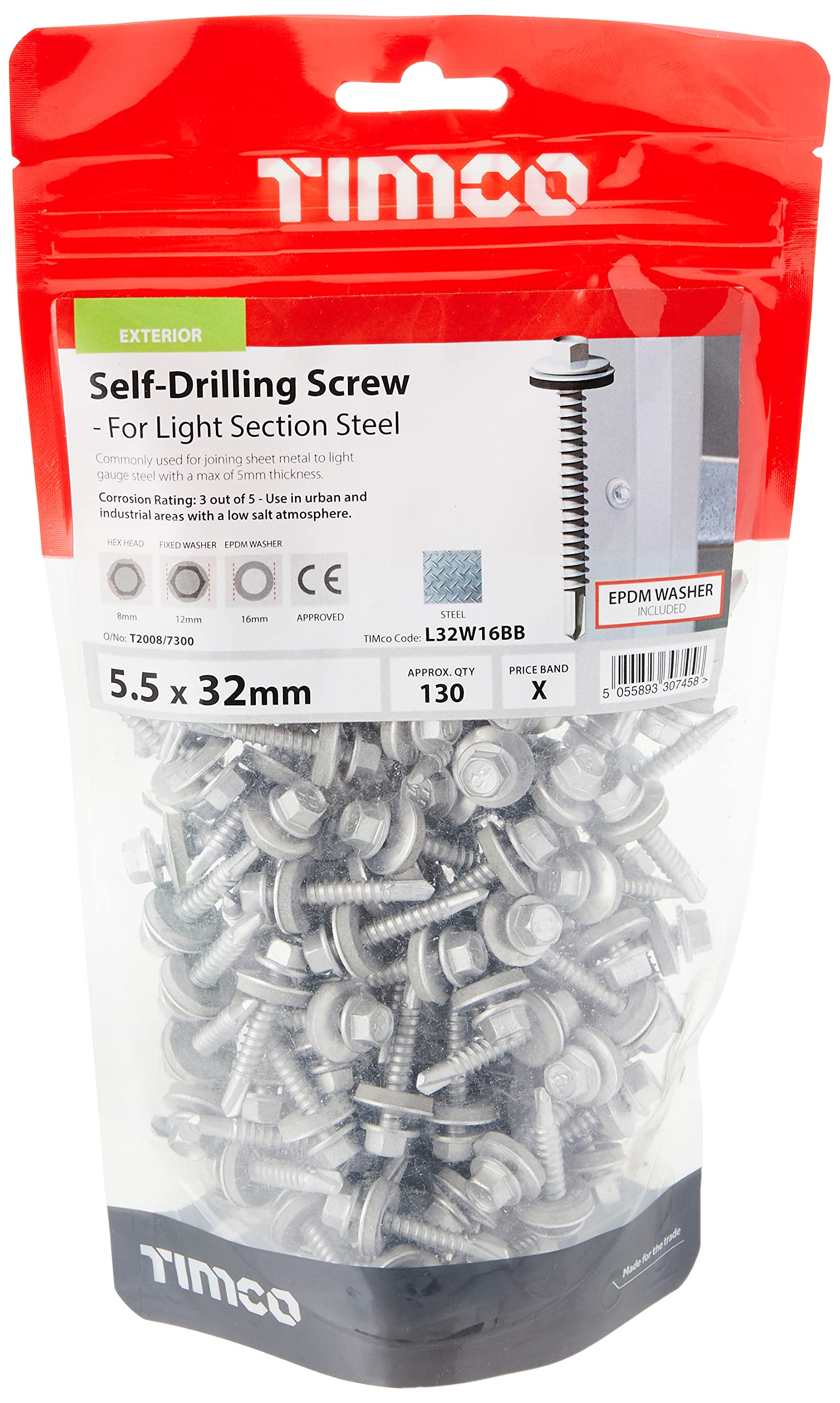 TIMCO Self-Drilling Light Section Screws Exterior Silver with EPDM Washer - 5.5 x 32