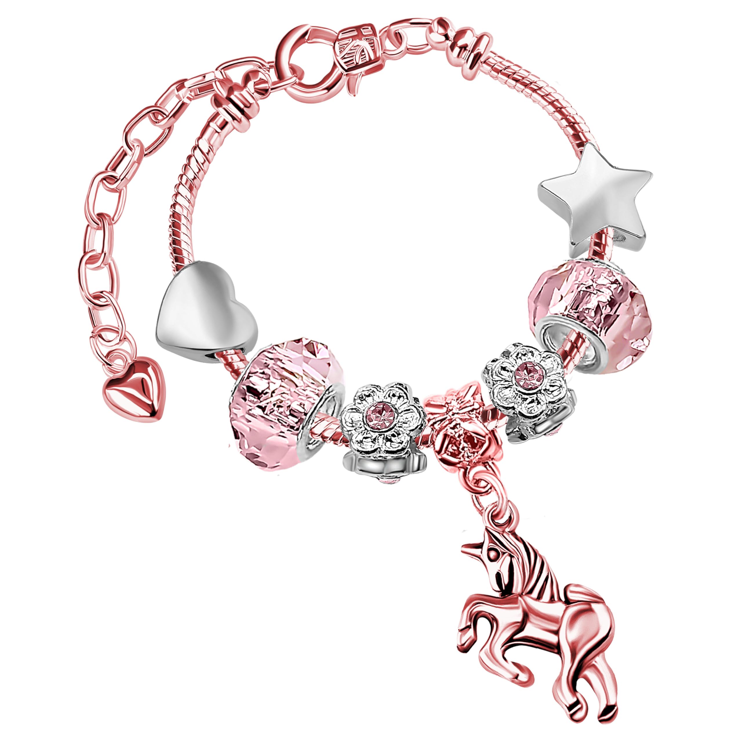Girls Magical Unicorn Sparkly Crystal and Rose Gold Plated Charm Bracelet with Gift Box (16cm Girls Bracelet, 1. Pink)
