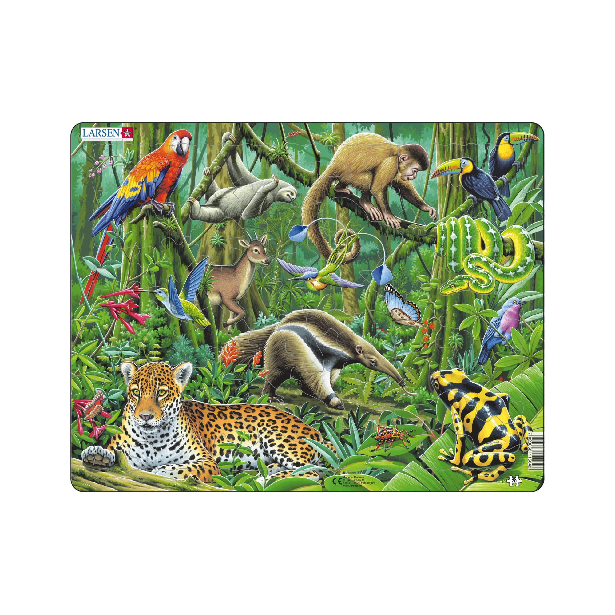 Larsen FH10 South American Wildlife Jigsaw Puzzle – 70-Piece Tray Puzzle for Kids (Jaguar, Snake, Butterfly & More) – Educational Rainforest STEM Toy Ages 4–12