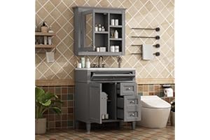 Linique 30'' Bathroom Vanity with Top Sink,Modern Bathroom Storage Cabinet with 2 Drawers and a Tip-Out Drawer,Single Sink Bathroom Vanity,Freestanding Vanity Set with Grey Mirror Cabinet(Grey)