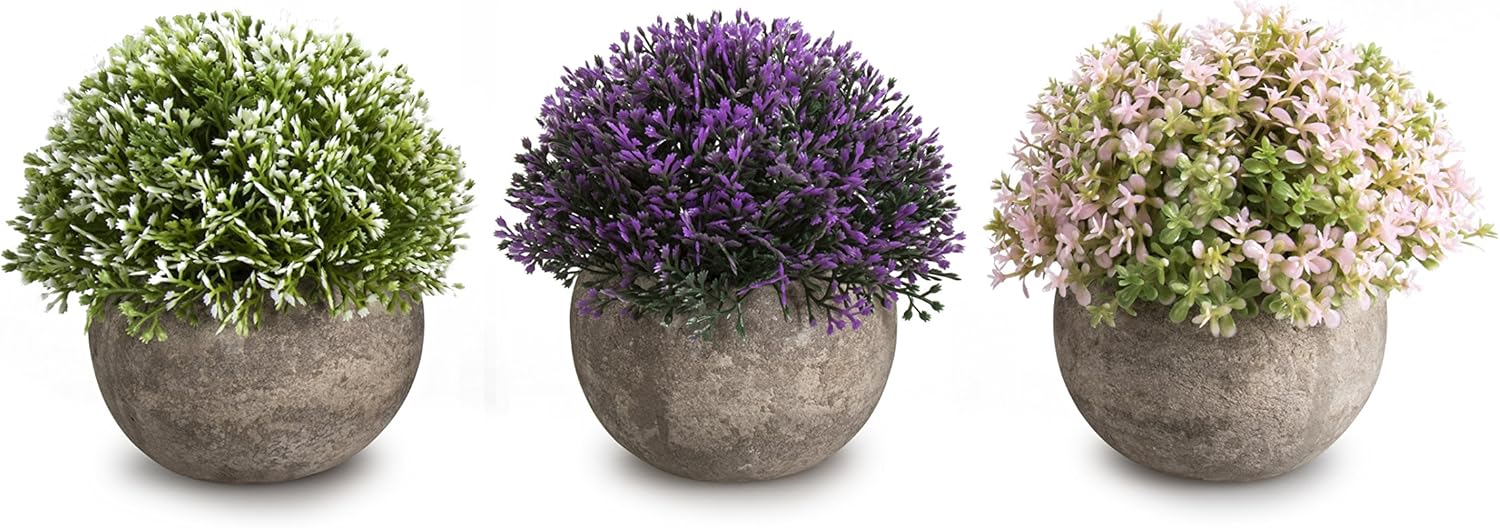 Opps Mini Artificial Plants Plastic Fake Green Colorful Flower Topiary Shrubs with Gray Pot for Home Décor – Set of 3 -