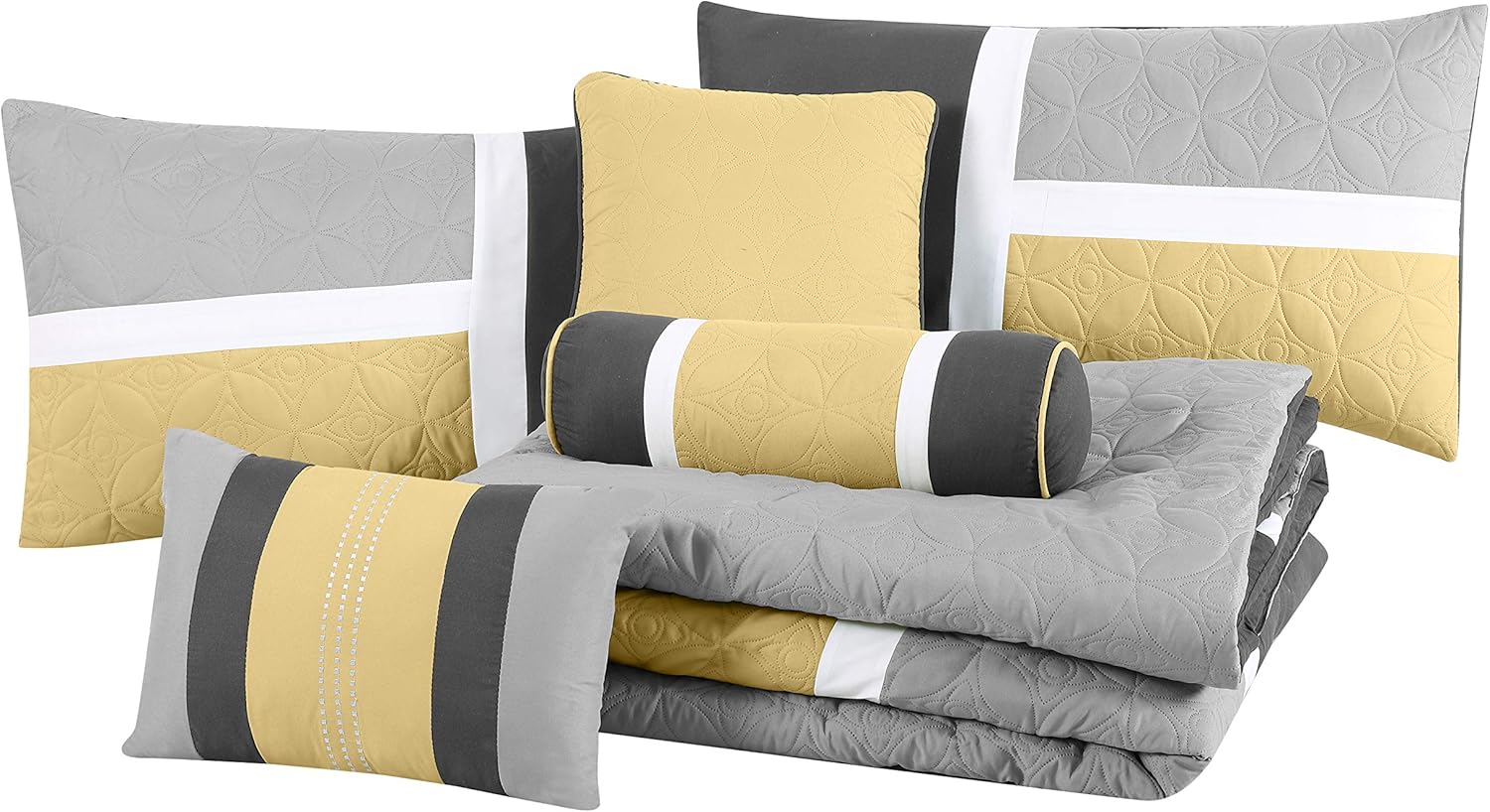 Chezmoi Collection 7-Piece Quilted Patchwork Comforter Set, Yellow/Gray, California King: Home & Kitchen