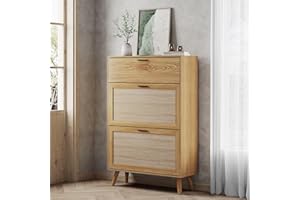 MU Natural Rattan Shoe Cabinet, Entryway Shoe Cabinet with 2 Flip Drawers and Hidden Cabinet, Boho Shoe Organizer Cabinet, Wooden Shoe Storage Cabinet for Entrance, Hallyway, Natural