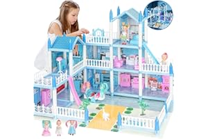 GIRLDIARY Doll House, Princess Dollhouse Furniture and Accessories Set, 3-Dolls Dream House Playset - Toddler Doll House for Boy Girl Toys Gift Playhouse 3 4 5 6 7 8+ Year Old