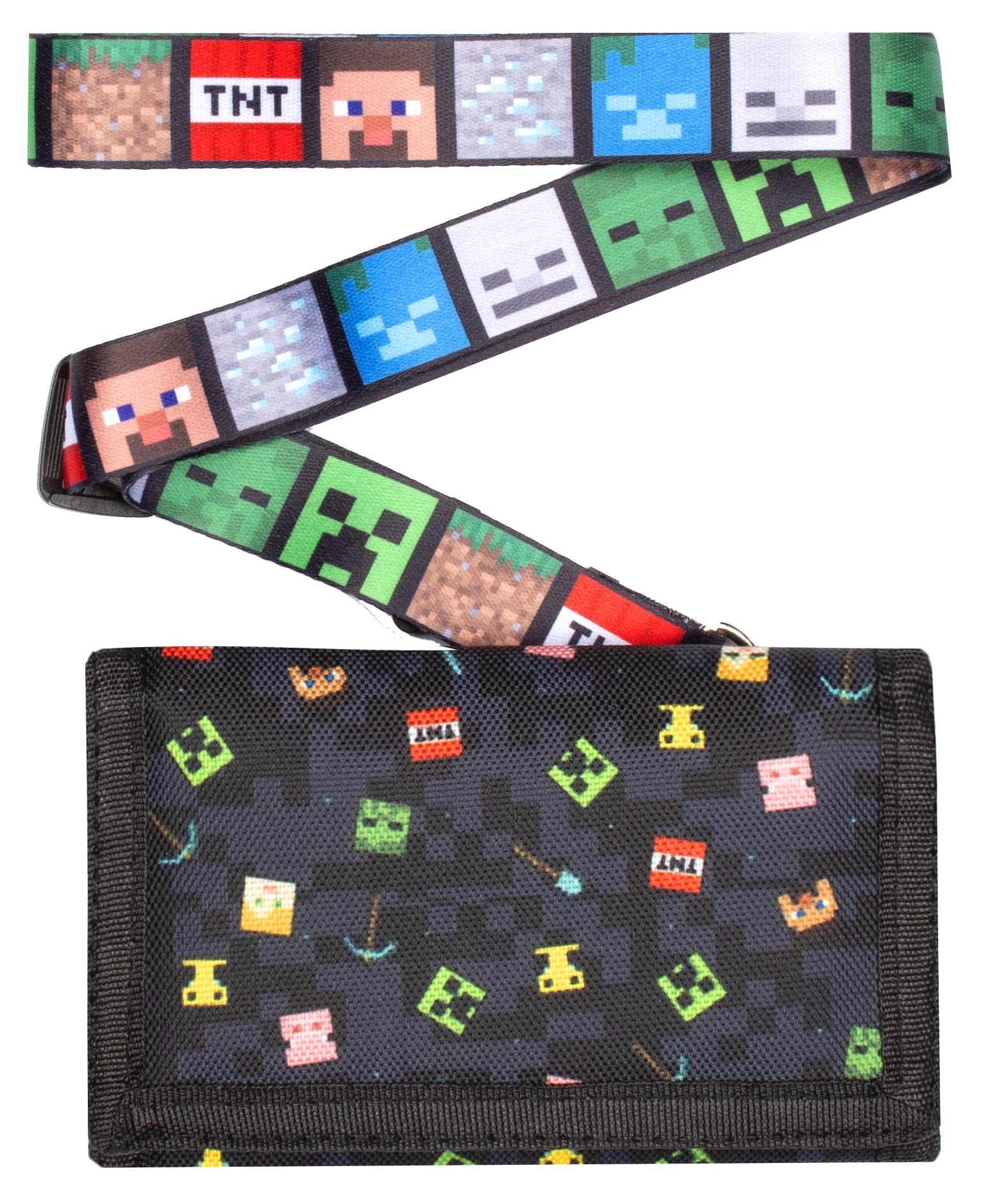 Minecraft Wallet for Boys and Girls - Black Pixels Video Game Money Bifold Wallet - Gift for Boys - Lanyard Attached - Official Merchandise