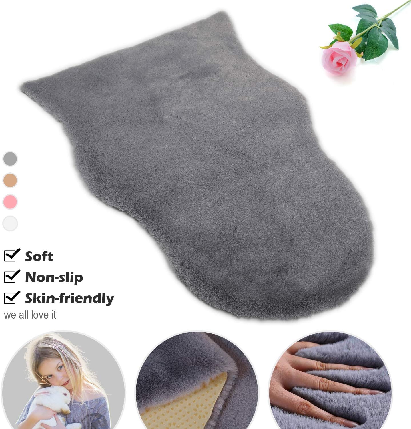 Faux Rabbit Fur Rug,Non-Slip Ultra Faux rabbit fur Soft Thick Fluffy Rug,Children Play Carpet With Shaggy Thick Fluffy Bedside Rug Extremely Comfortable Mats For Living Room (gray, arc 60x90cm)