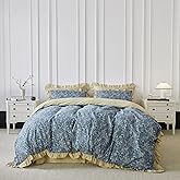 SUSYBAO Blue Orange Flower Duvet Cover Queen 100% Cotton 3 Pcs Set 1 Decorative Khaki Ruffled Duvet Cover with Zipper Ties 2 Pillow Shams Farmhouse Lilac Purple Floral Ruffle Bedding Set Soft