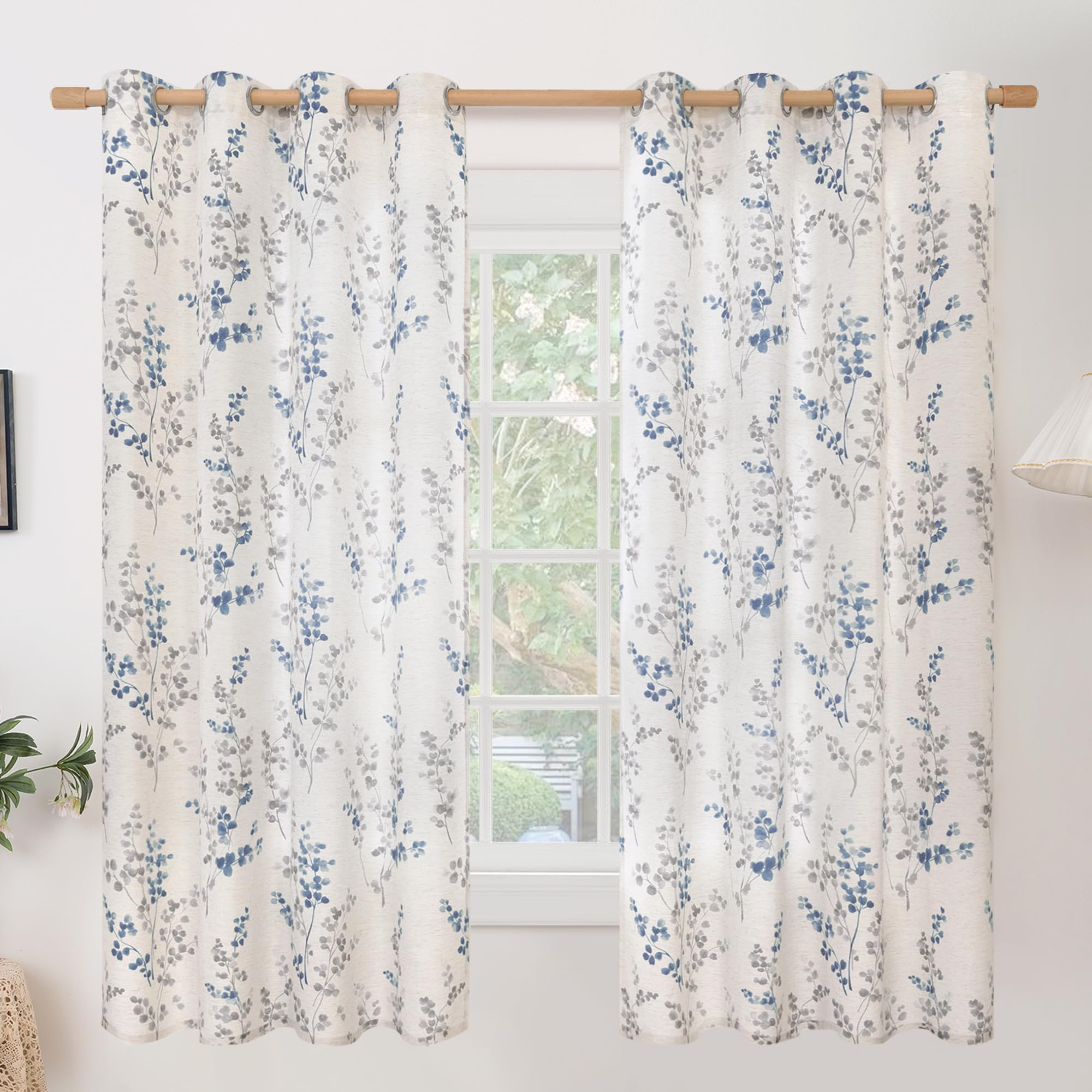 Photo 1 of BGment Linen Curtains for Bedroom 63 Inch Length 2 Panels Set Floral Leaf Patterns, Light Filtering Window Privacy Curtains for Living Room Boho Farmhouse Vintage, Each 52 Inch Wide, Navy