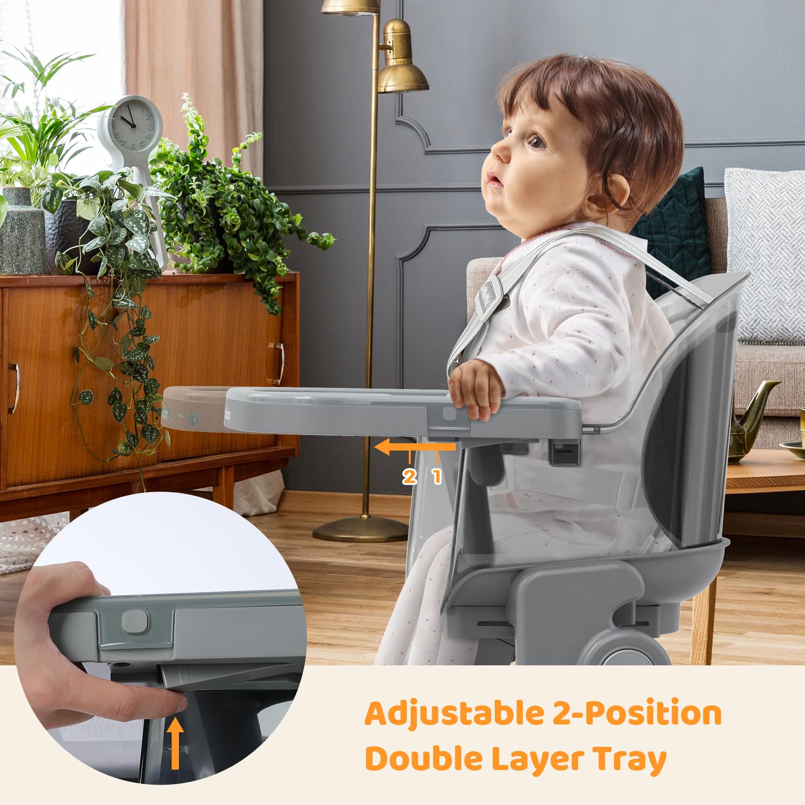 Ezebaby Foldable Wooden High Chairs, 3-in-1 Convertible Baby High Chair, Dining Booster Seat, Toddler Chair, Easy Clean High Chairs for Babies and Toddlers with Large Adjustable Tray- Transparent Gray