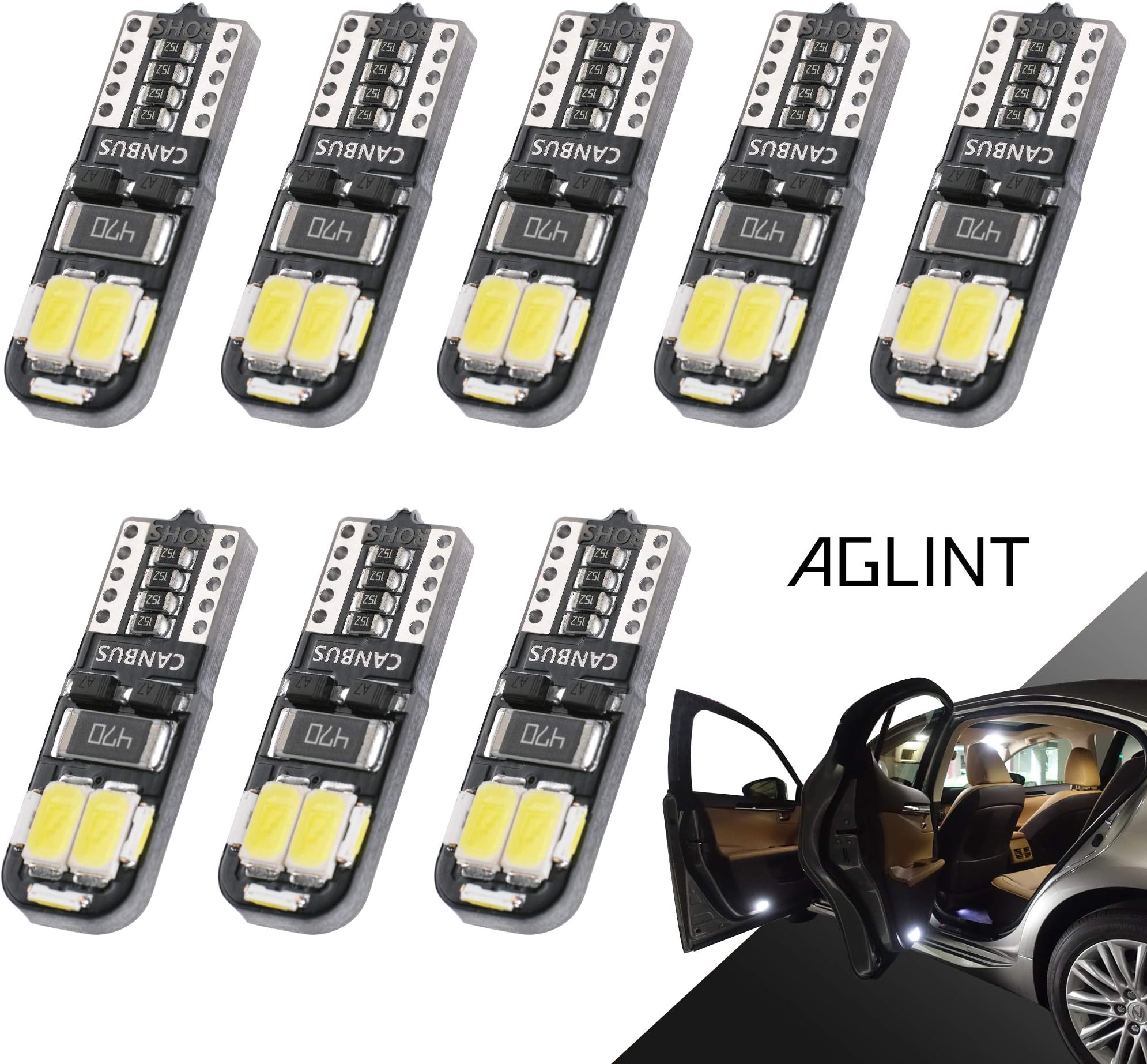 AGLINT T10 LED Bulbs CANBUS Error Free W5W 501 194 168 Wedge Replacement for Car Interior Lights Sidelight Dome Boot Map Trunk Number Plate Position Light White 8PCS