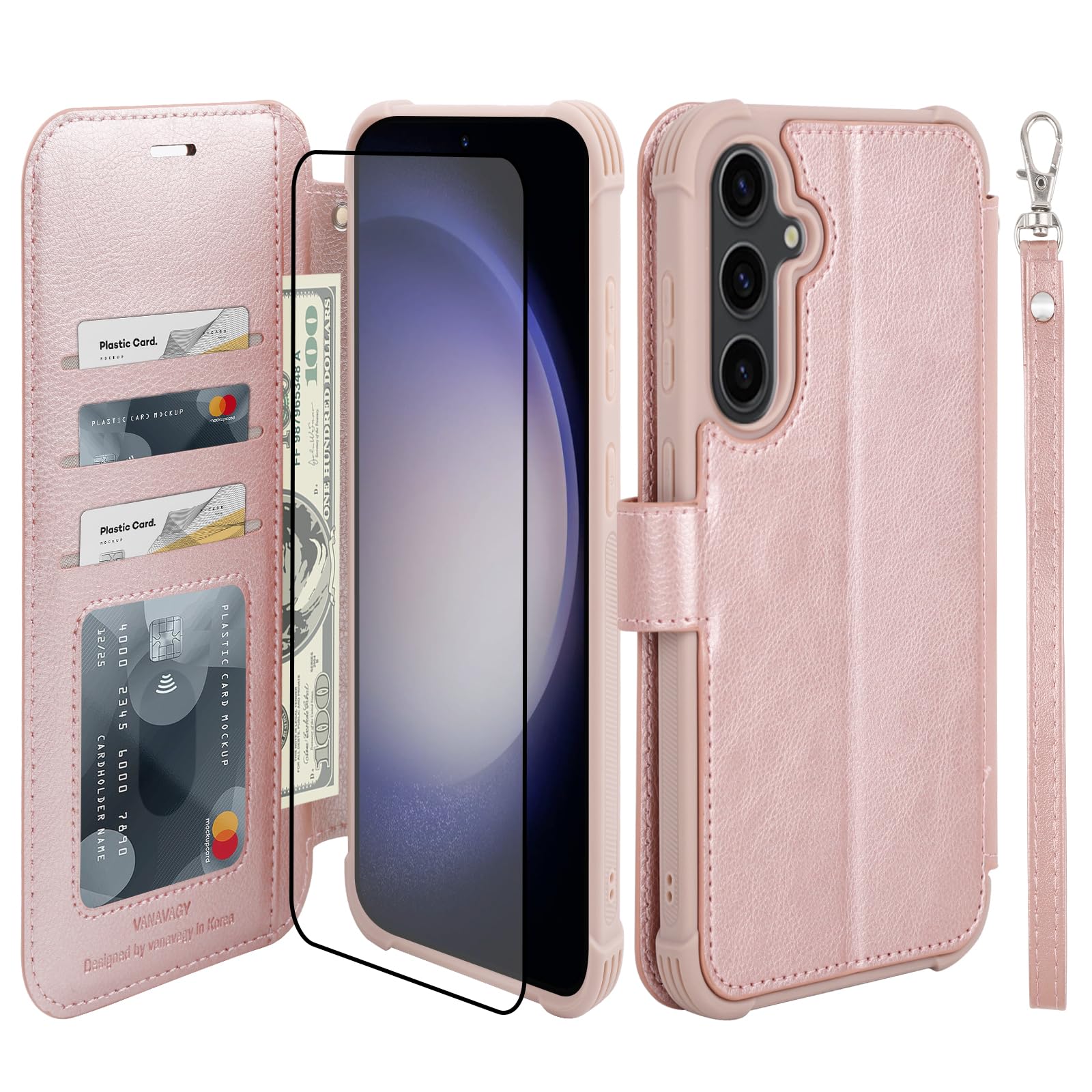 VANAVAGY Compatible for Galaxy S23 FE Wallet Case, 12ft Drop Protection, RFID Blocking PU Leather Flip Cover, Card Holder & Kickstand, Shockproof Phone Case for S23 FE-6.4 Inch,Rose Gold
