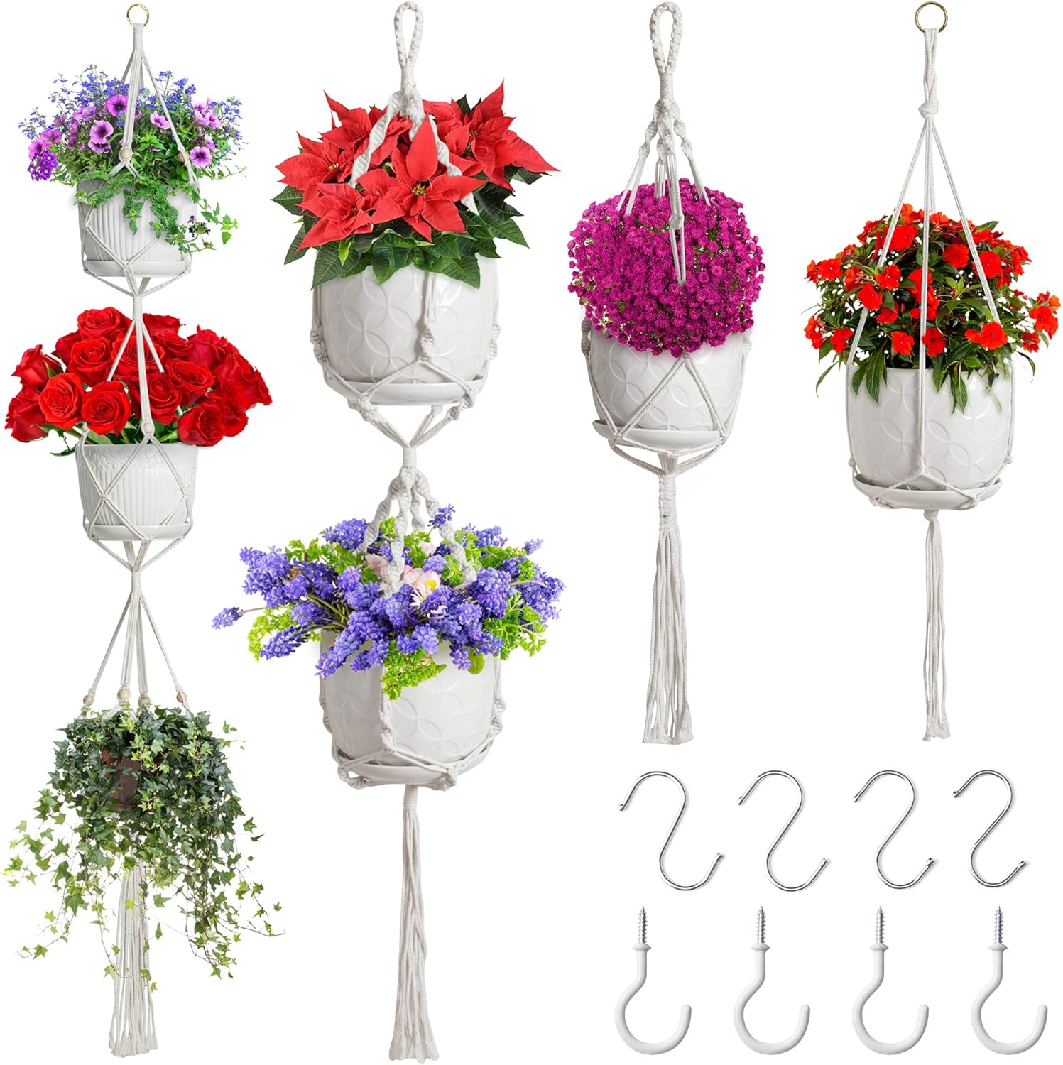 Macrame Plant Hangers 4 Pcs  - Different Hanging Planters Decorative Flower Pot Holder Stand Handmade Cotton Rope, Indoor Outdoor Boho Home Decor, 4 Legs, 4 Size, Different Tiers, 8 Hooks: Garden & Outdoor