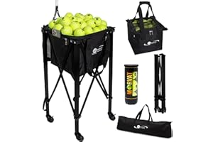 MORVAT Professional Tennis & Pickle Ball Hopper Holds 165 Balls Heavy-Duty Pro Sports Practice Cart, Foldable Portable Compact & Lightweight Zippered Pocket & Racket Holder, Carry Bag + 3 Tennis Balls