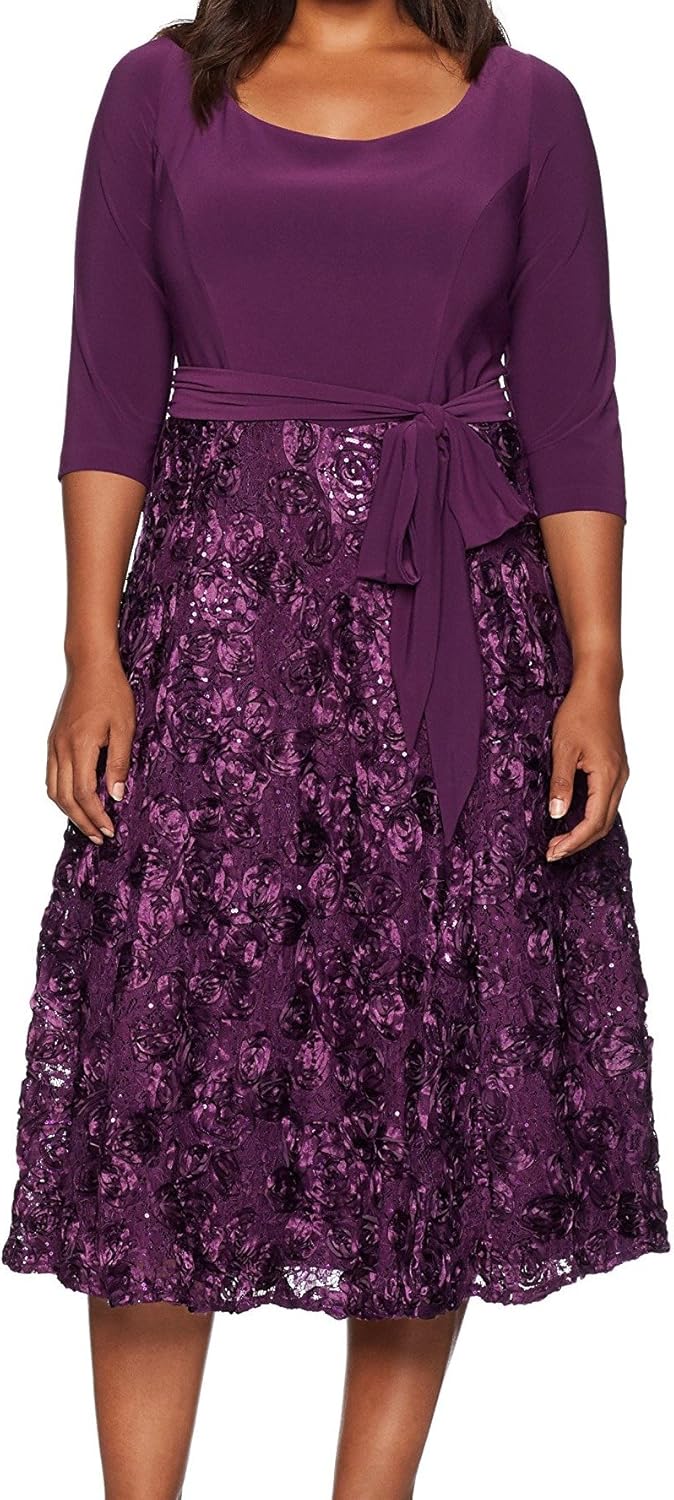 Alex Evenings Women's Plus Size Tea Length Dress with Rosette Detail
